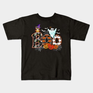 vintage Boo Creepy Owl Pumpkin Ghost Funny Halloween Costume Kids T-Shirt